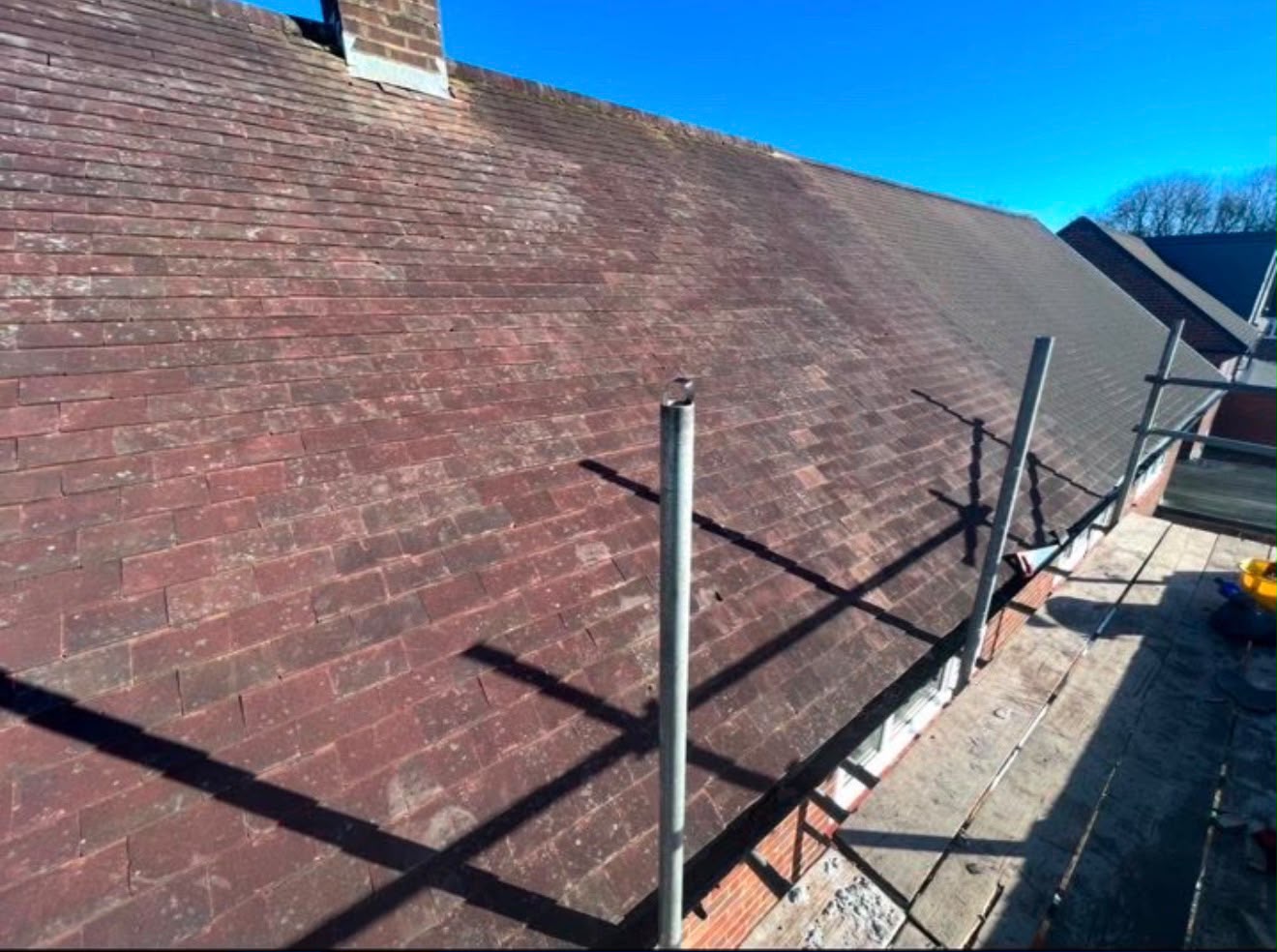 Newly completed tiled roof on a property in Buckinghamshire, photographed from the scaffold