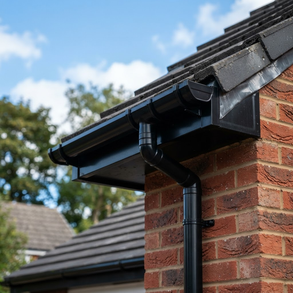 Newly installed black guttering and downpipe
