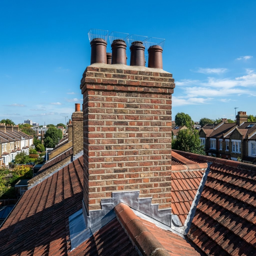 Repointed brick chimney with new lead flashing
