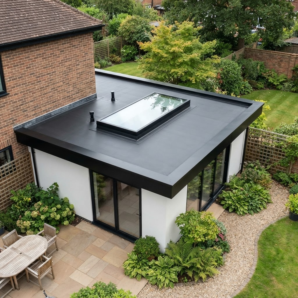 Modern EPDM rubber flat roof with skylight