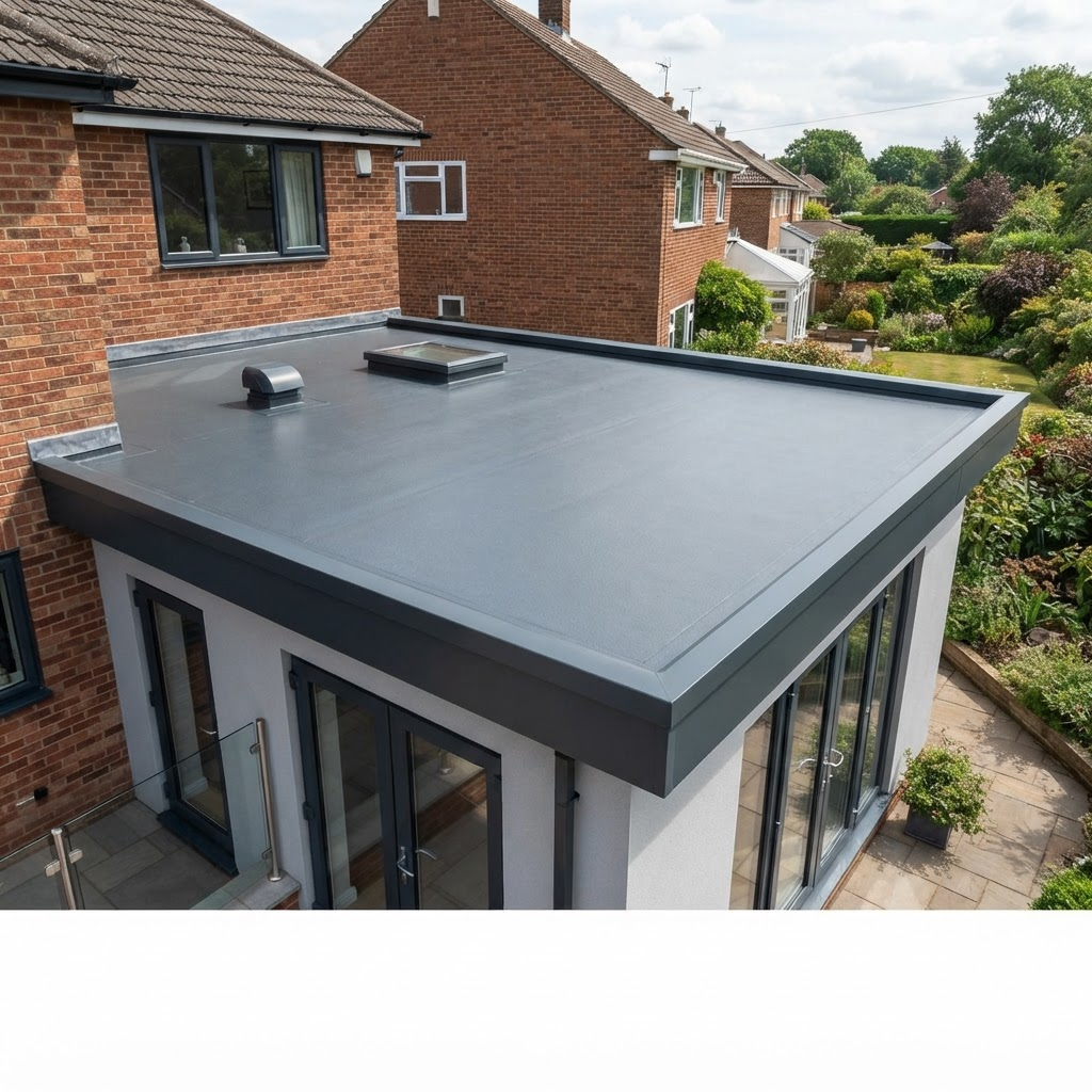 GRP fibreglass flat roof with edge trim
